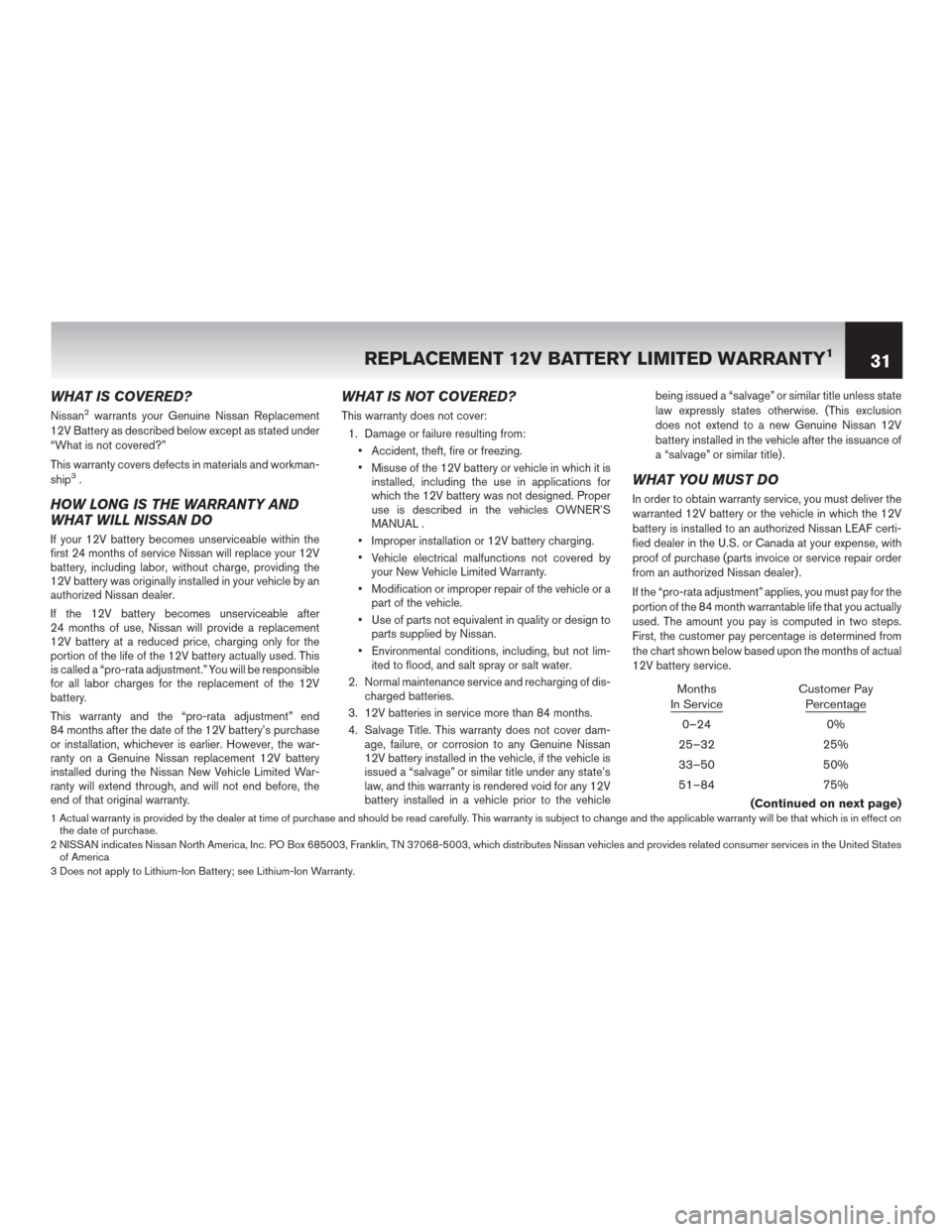 NISSAN LEAF 2014 1.G Warranty Booklet WHAT IS COVERED?
Nissan2warrants your Genuine Nissan Replacement
12V Battery as described below except as stated under
“What is not covered?”
This warranty covers defects in materials and workman- NISSAN LEAF 2014 1.G Warranty Booklet WHAT IS COVERED?
Nissan2warrants your Genuine Nissan Replacement
12V Battery as described below except as stated under
“What is not covered?”
This warranty covers defects in materials and workman-