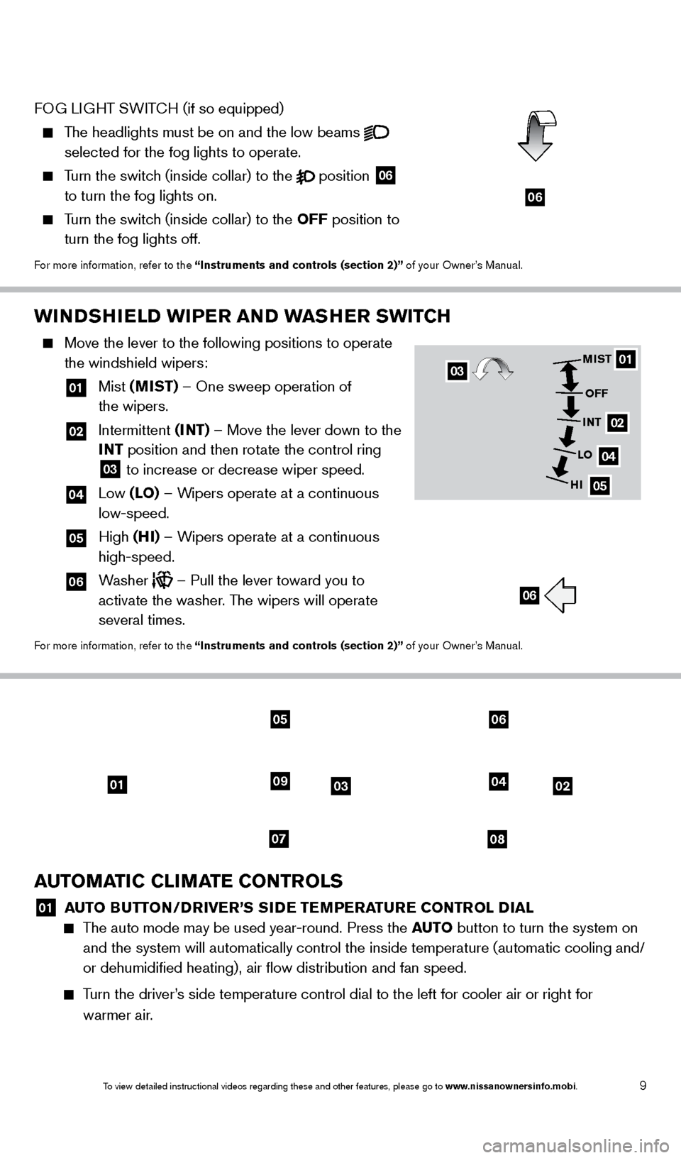 NISSAN MAXIMA 2014 A35 / 7.G Quick Reference Guide 9
WINDSHIELD WIPER AND WASHER SWITCH
Move the lever to the following positions to operate
the windshield wipers:
01 Mist (MIST) – One sweep operation of
the wipers.
02 Intermittent NISSAN MAXIMA 2014 A35 / 7.G Quick Reference Guide 9
WINDSHIELD WIPER AND WASHER SWITCH
Move the lever to the following positions to operate
the windshield wipers:
01 Mist (MIST) – One sweep operation of
the wipers.
02 Intermittent