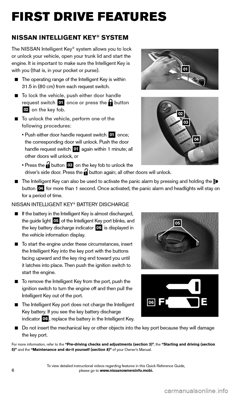 NISSAN MURANO 2014 2.G Quick Reference Guide 6
NISSAN INTELLIGENT KEY® SYSTE M
The NISSAN Intelligent Key® system allows you to lock
or unlock your vehicle, open your trunk lid and start the
engine. It is important to make sure the Intellig NISSAN MURANO 2014 2.G Quick Reference Guide 6
NISSAN INTELLIGENT KEY® SYSTE M
The NISSAN Intelligent Key® system allows you to lock
or unlock your vehicle, open your trunk lid and start the
engine. It is important to make sure the Intellig