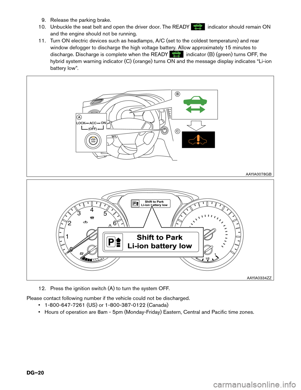 NISSAN PATHFINDER HYBRID 2014 R52 / 4.G Dismantling Guide 9. Release the parking brake.
10. Unbuckle the seat belt and open the driver door. The READY
indicator should remain ON
and the engine should not be running.
11. Turn ON electric devices such as headl