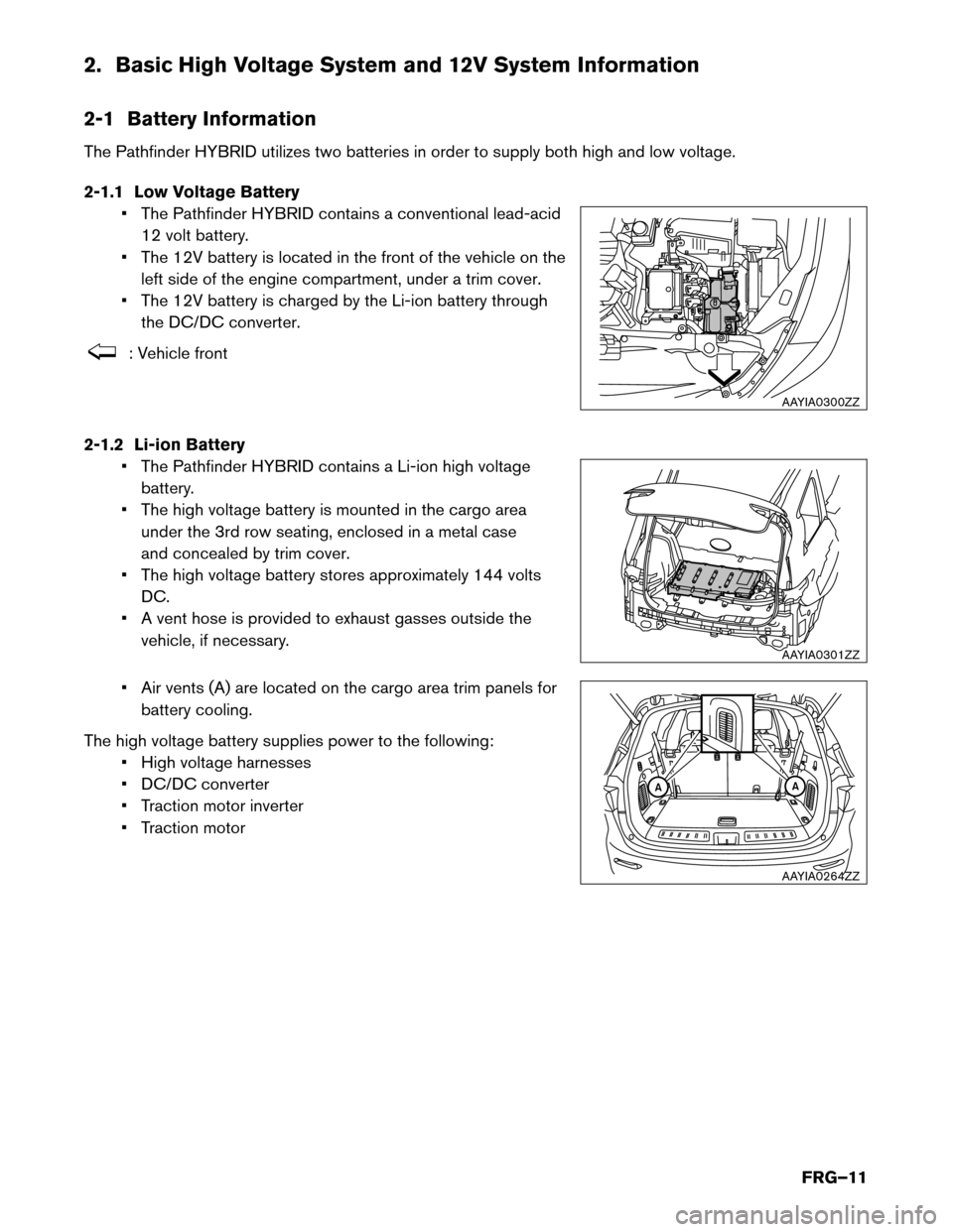 NISSAN PATHFINDER HYBRID 2014 R52 / 4.G First Responders Guide 2. Basic High Voltage System and 12V System Information
2-1 Battery Information
The Pathfinder HYBRID utilizes two batteries in order to supply both high and low voltage.
2-1.1 Low Voltage Battery NISSAN PATHFINDER HYBRID 2014 R52 / 4.G First Responders Guide 2. Basic High Voltage System and 12V System Information
2-1 Battery Information
The Pathfinder HYBRID utilizes two batteries in order to supply both high and low voltage.
2-1.1 Low Voltage Battery