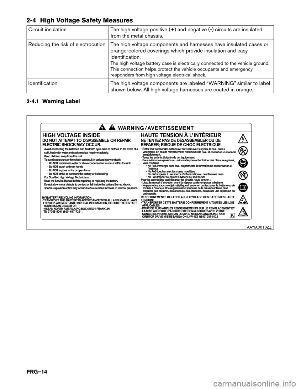 NISSAN PATHFINDER HYBRID 2014 R52 / 4.G First Responders Guide 2-4 High Voltage Safety Measures
Circuit insulation The high voltage positive (+) and negative (-) circuits are insulatedfrom the metal chassis.
Reducing the risk of electrocution The high voltage com