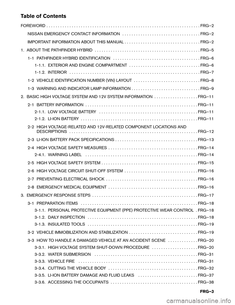 NISSAN PATHFINDER HYBRID 2014 R52 / 4.G First Responders Guide Table of Contents
FOREWORD . . . . . . . . . . . . . . . . . . . . . . . . . . . . . . . . . . . . . . . . . . . . . . . . . .. . . . . . . . . . . . . . . . . FRG–2
NISSAN EMERGENCY CONTACT INFORM NISSAN PATHFINDER HYBRID 2014 R52 / 4.G First Responders Guide Table of Contents
FOREWORD . . . . . . . . . . . . . . . . . . . . . . . . . . . . . . . . . . . . . . . . . . . . . . . . . .. . . . . . . . . . . . . . . . . FRG–2
NISSAN EMERGENCY CONTACT INFORM