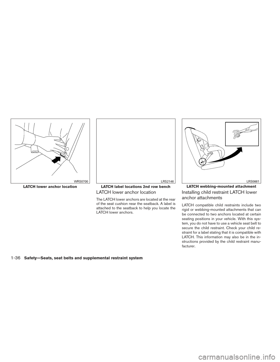 NISSAN PATHFINDER HYBRID 2014 R52 / 4.G Owners Manual LATCH lower anchor location
The LATCH lower anchors are located at the rear
of the seat cushion near the seatback. A label is
attached to the seatback to help you locate the
LATCH lower anchors.
Insta
