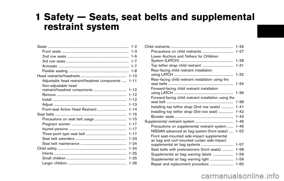 NISSAN QUEST 2014 RE52 / 4.G Owners Manual 1 Safety — Seats, seat belts and supplementalrestraint system
Seats ........................................................................\
.................... 1-2
Front seats ................... NISSAN QUEST 2014 RE52 / 4.G Owners Manual 1 Safety — Seats, seat belts and supplementalrestraint system
Seats ........................................................................\
.................... 1-2
Front seats ...................