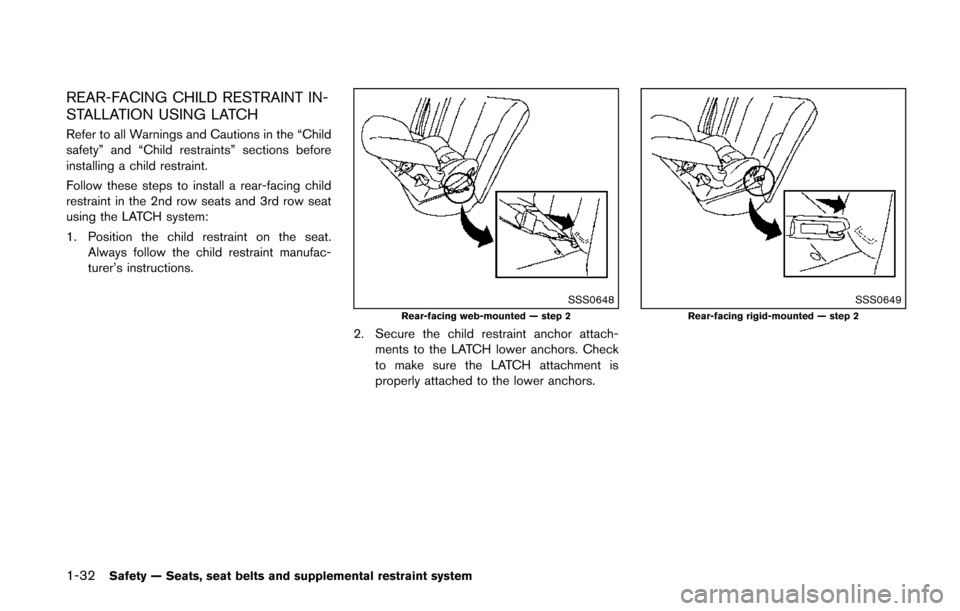 NISSAN QUEST 2014 RE52 / 4.G Owners Manual 1-32Safety — Seats, seat belts and supplemental restraint system
REAR-FACING CHILD RESTRAINT IN-
STALLATION USING LATCH
Refer to all Warnings and Cautions in the “Child
safety” and “Child rest