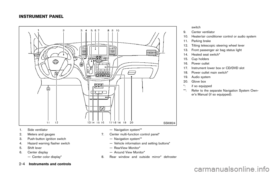 NISSAN QUEST 2014 RE52 / 4.G Owners Manual 2-4Instruments and controls
SSI0824
1. Side ventilator
2. Meters and gauges
3. Push-button ignition switch
4. Hazard warning flasher switch
5. Shift lever
6. Center display— Center color display* 