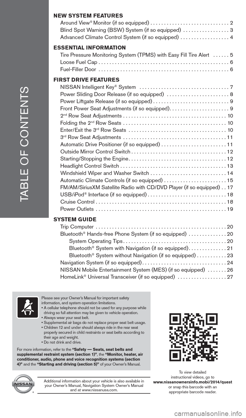 NISSAN QUEST 2014 RE52 / 4.G Quick Reference Guide TABLE OF cONTENTS
New SYSTe M FeaTureS
   
Around View® Monitor (if so equipped) ............................. 2
  Blind Spot Warning (BSW) System (if so equipped) ................. 3
  Advanced clim