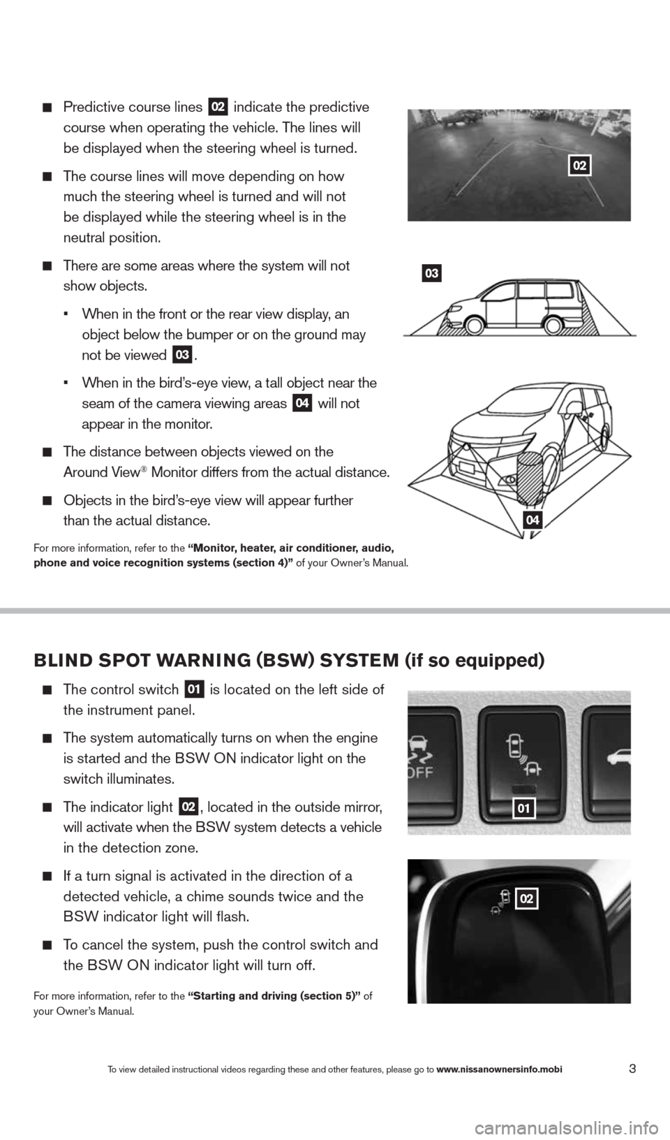 NISSAN QUEST 2014 RE52 / 4.G Quick Reference Guide 3
   
Predictive course lines
 02 indicate the predictive  
course when operating the vehicle. The lines will  
be displayed when the steering wheel is turned.
 
   
The course lines will move dependi