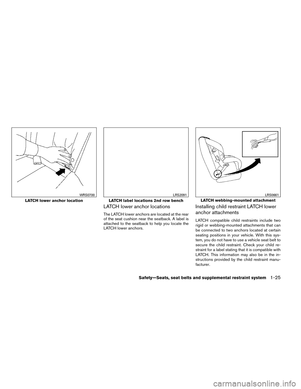 NISSAN ROGUE 2014 2.G Owners Manual LATCH lower anchor locations
The LATCH lower anchors are located at the rear
of the seat cushion near the seatback. A label is
attached to the seatback to help you locate the
LATCH lower anchors.
Inst