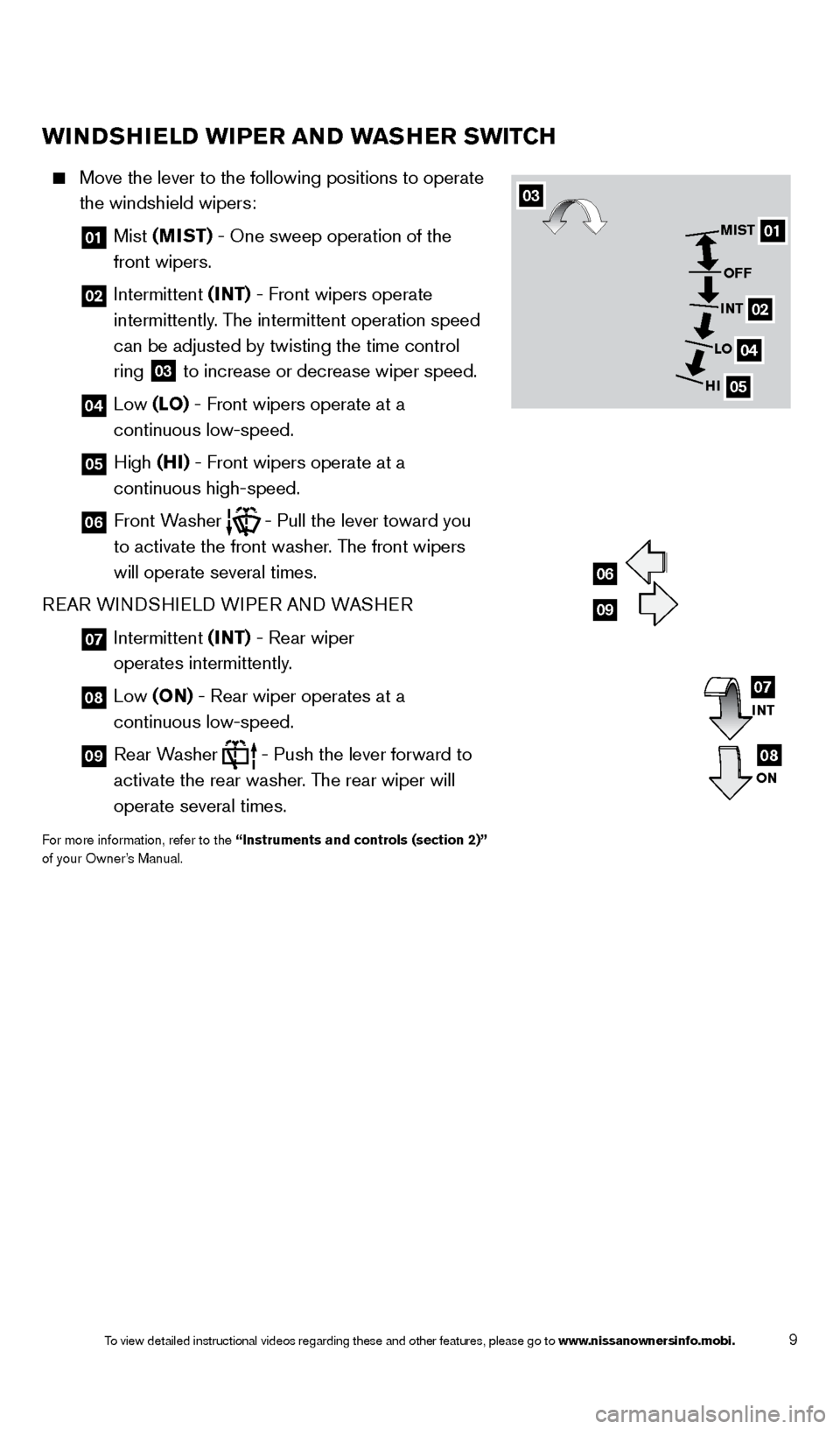 NISSAN ROGUE SELECT 2014 2.G Quick Reference Guide 9
wiNDSHielD  wiP er   a ND  wa SHe r  S wi TCH
    Move the lever to the following positions to operate   
the windshield wipers: 
  01   Mist  (MiST)  - One sweep operation of the  
front wipers.
  
