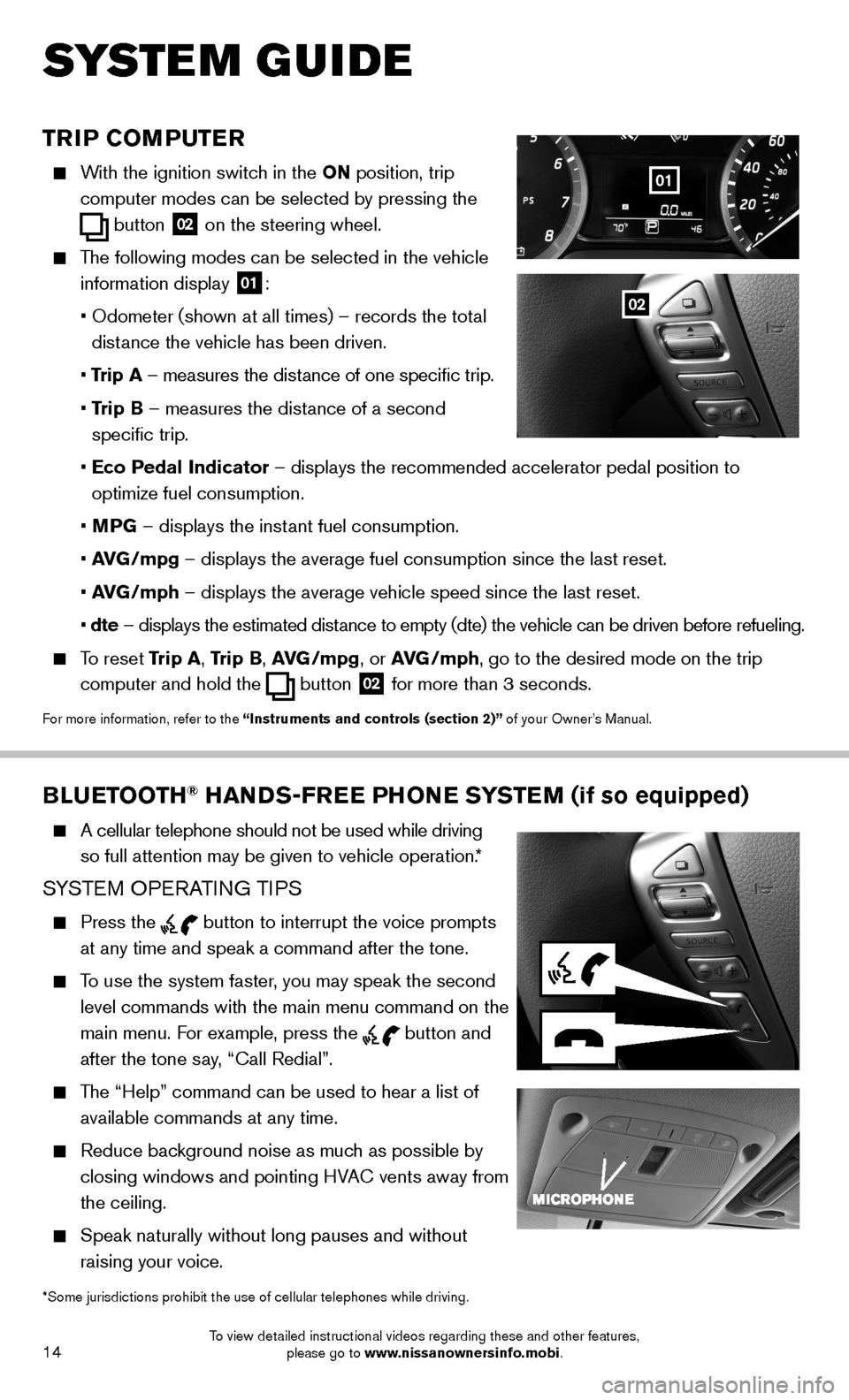 NISSAN SENTRA 2014 B17 / 7.G Quick Reference Guide 14
SYSTEM GUIDE
BLUETOOTH® HANDS-FREE PHONE SYSTEM (if so equipped)
    A cellular telephone should not be used while driving  
so full attention may be given to vehicle operation.*
SYSTEM OPERATING 