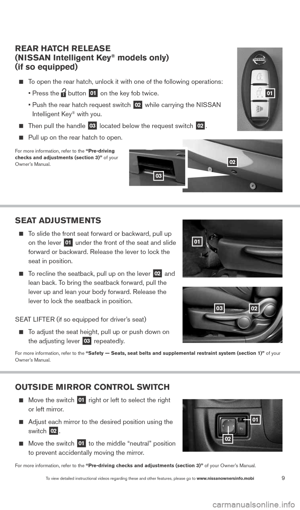 NISSAN VERSA NOTE 2014 2.G Quick Reference Guide 9To view detailed instructional videos regarding these and other features, please go\
 to www.nissanownersinfo.mobi
rear HaTCH releaS e  
(N iSSaN intelligent Key® models only)  
(if so equipped)
   