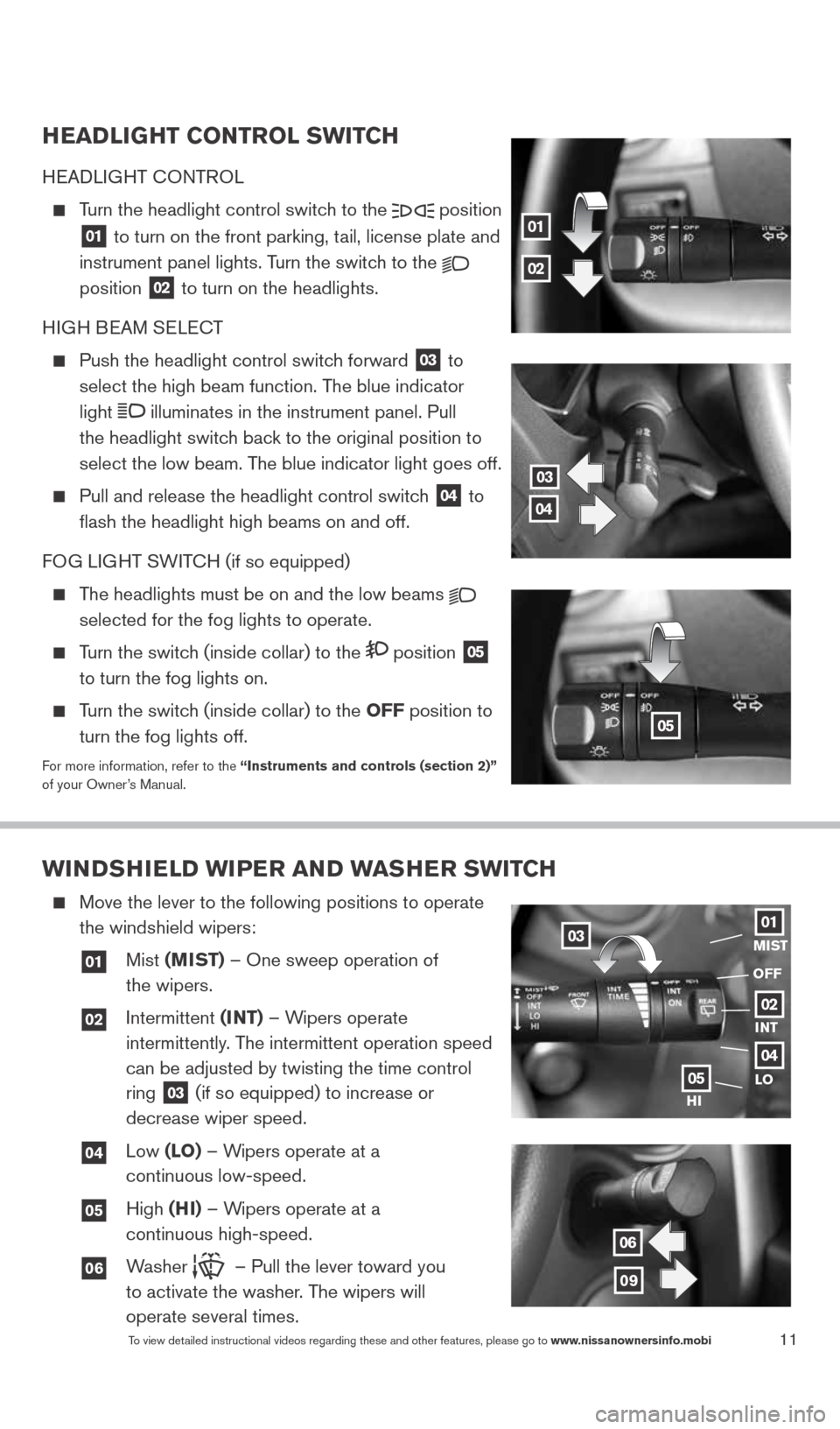 NISSAN VERSA NOTE 2014 2.G Quick Reference Guide 11To view detailed instructional videos regarding these and other features, please go\
 to www.nissanownersinfo.mobi
HeaD liGHT CoNTrol SwiTCH 
HEADLIGHT c ONTROL 
 
   
Turn the headlight control swi