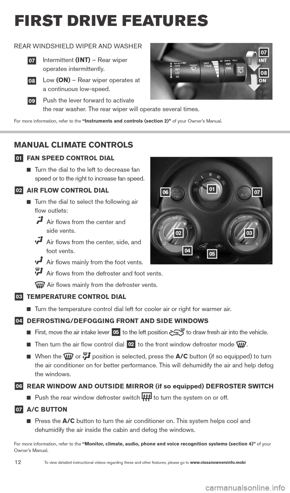 NISSAN VERSA NOTE 2014 2.G Quick Reference Guide 12To view detailed instructional videos regarding these and other features, please go\
 to www.nissanownersinfo.mobi
first drive features
MaNual Cli MaTe CoNTrolS
01 F
aN SPee D CoNTrol D ial
  
  Tur