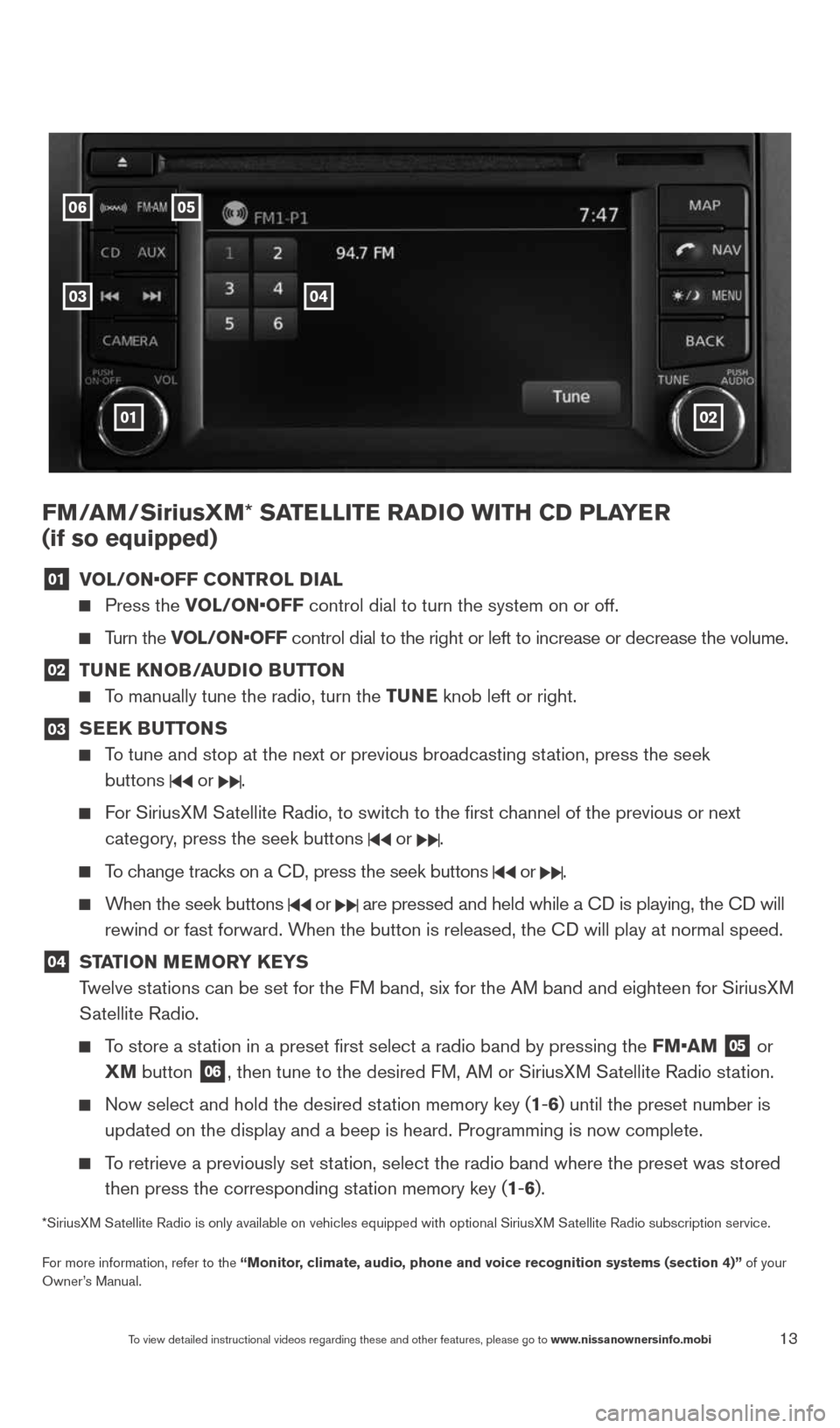 NISSAN VERSA NOTE 2014 2.G Quick Reference Guide 13To view detailed instructional videos regarding these and other features, please go\
 to www.nissanownersinfo.mobi
FM/aM/SiriusXM* Sa TelliTe raDio wiTH CD Pla Yer  
(if so equipped)
01  vol/oN•oF