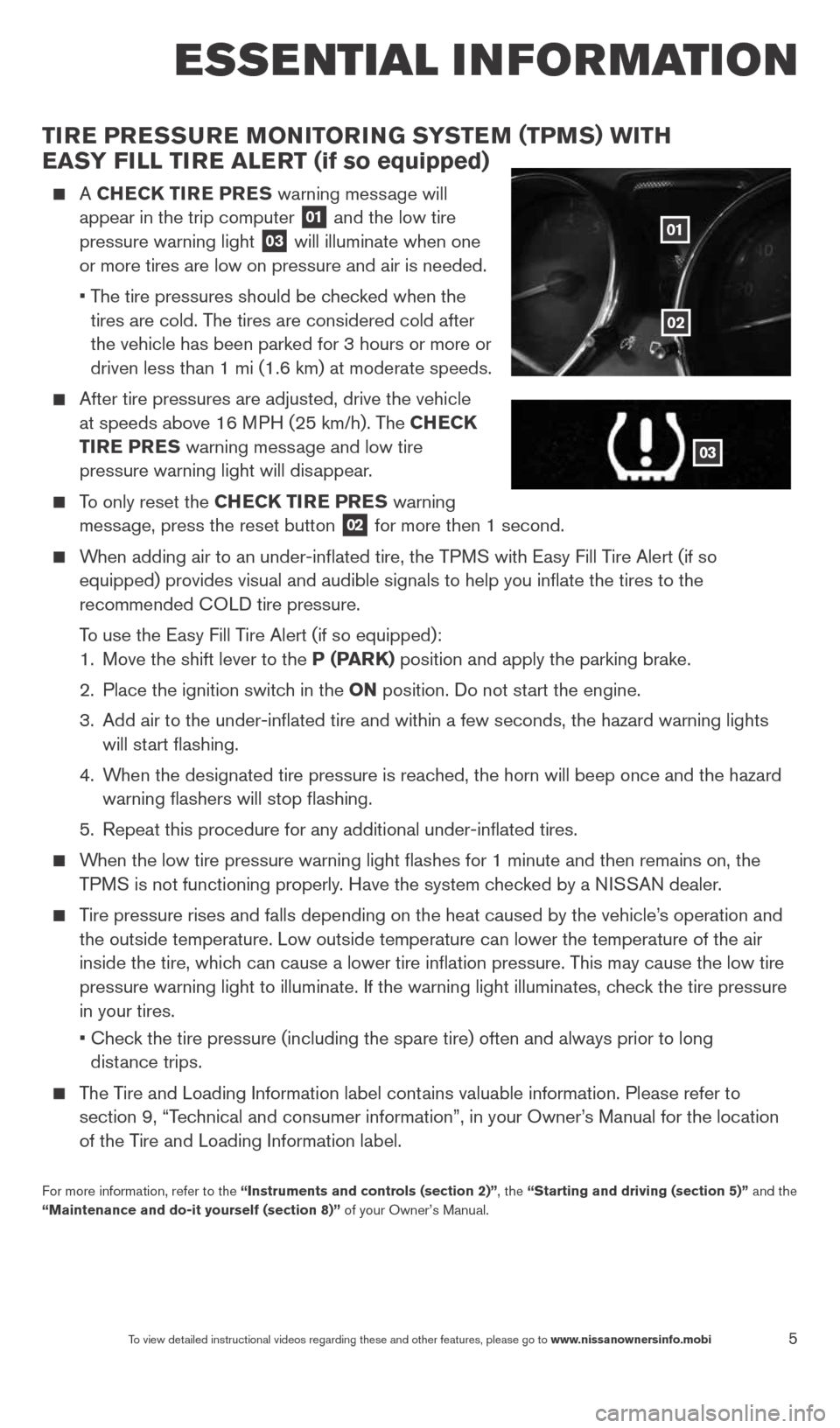 NISSAN VERSA NOTE 2014 2.G Quick Reference Guide 5To view detailed instructional videos regarding these and other features, please go\
 to www.nissanownersinfo.mobi
esse ntial i n for mation
Tire PreSSure M oNiTori NG SYSTe M (TPMS) wiTH  
eaSY  Fil