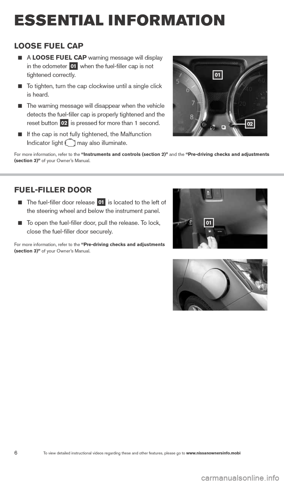 NISSAN VERSA NOTE 2014 2.G Quick Reference Guide 6To view detailed instructional videos regarding these and other features, please go\
 to www.nissanownersinfo.mobi
esse ntial i n for mation
Fuel-Filler Door
  The fuel-filler door release
 01 is loc