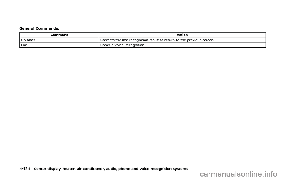 NISSAN 370Z 2020  Owner´s Manual 4-124Center display, heater, air conditioner, audio, phone and voice recognition systems
General Commands:
CommandAction
Go back Corrects the last recognition result to return to the previous screen
E