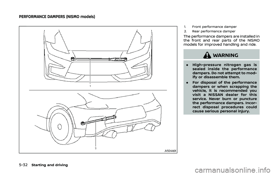 NISSAN 370Z 2020  Owner´s Manual 5-32Starting and driving
JVS0446X
1. Front performance damper
2. Rear performance damper
The performance dampers are installed in
the front and rear parts of the NISMO
models for improved handling and