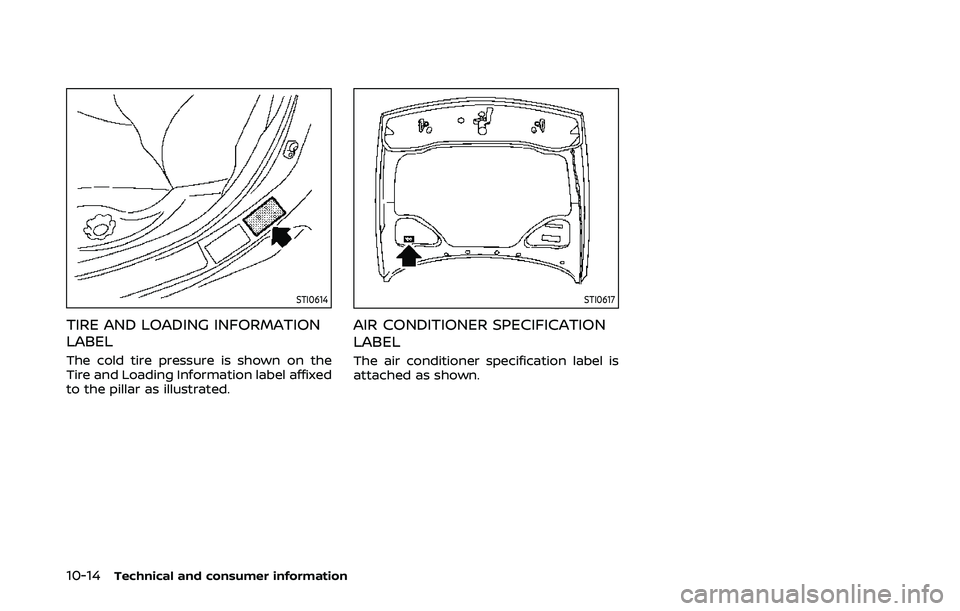 NISSAN 370Z 2020  Owner´s Manual 10-14Technical and consumer information
STI0614
TIRE AND LOADING INFORMATION
LABEL
The cold tire pressure is shown on the
Tire and Loading Information label affixed
to the pillar as illustrated.
STI06