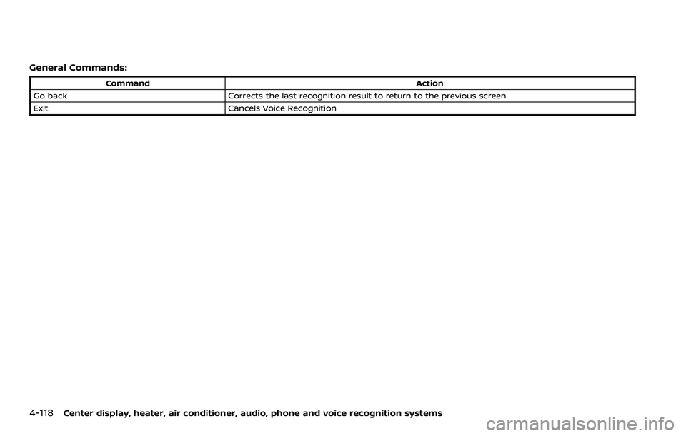 NISSAN 370Z 2018  Owner´s Manual 4-118Center display, heater, air conditioner, audio, phone and voice recognition systems
General Commands:
CommandAction
Go back Corrects the last recognition result to return to the previous screen
E