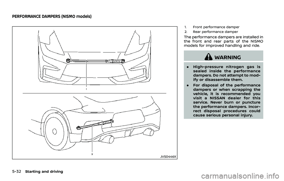 NISSAN 370Z 2018  Owner´s Manual 5-32Starting and driving
JVS0446X
1. Front performance damper
2. Rear performance damper
The performance dampers are installed in
the front and rear parts of the NISMO
models for improved handling and