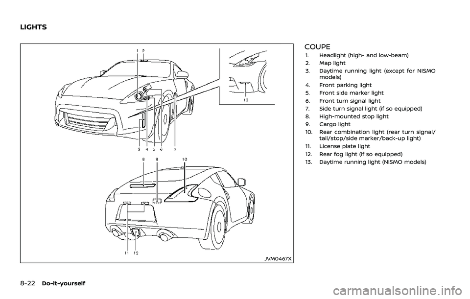 NISSAN 370Z 2018  Owner´s Manual 8-22Do-it-yourself
JVM0467X
COUPE
1. Headlight (high- and low-beam)
2. Map light
3. Daytime running light (except for NISMOmodels)
4. Front parking light
5. Front side marker light
6. Front turn signa