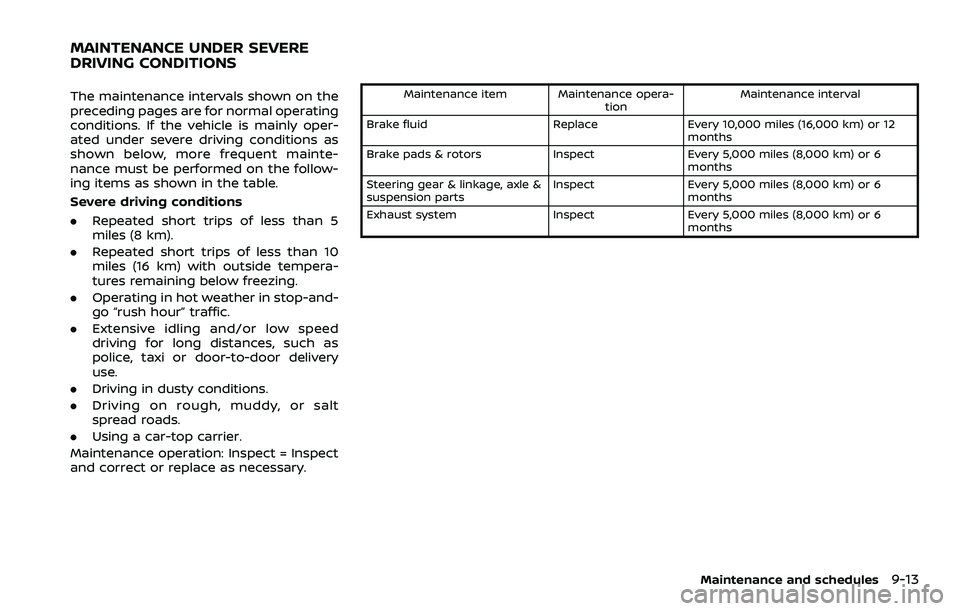 NISSAN 370Z 2018 Owner´s Manual The maintenance intervals shown on the
preceding pages are for normal operating
conditions. If the vehicle is mainly oper-
ated under severe driving conditions as
shown below, more frequent mainte-
na NISSAN 370Z 2018 Owner´s Manual The maintenance intervals shown on the
preceding pages are for normal operating
conditions. If the vehicle is mainly oper-
ated under severe driving conditions as
shown below, more frequent mainte-
na