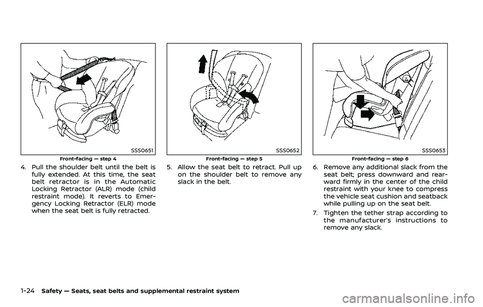 NISSAN 370Z 2018  Owner´s Manual 1-24Safety — Seats, seat belts and supplemental restraint system
SSS0651
Front-facing — step 4
4. Pull the shoulder belt until the belt isfully extended. At this time, the seat
belt retractor is i