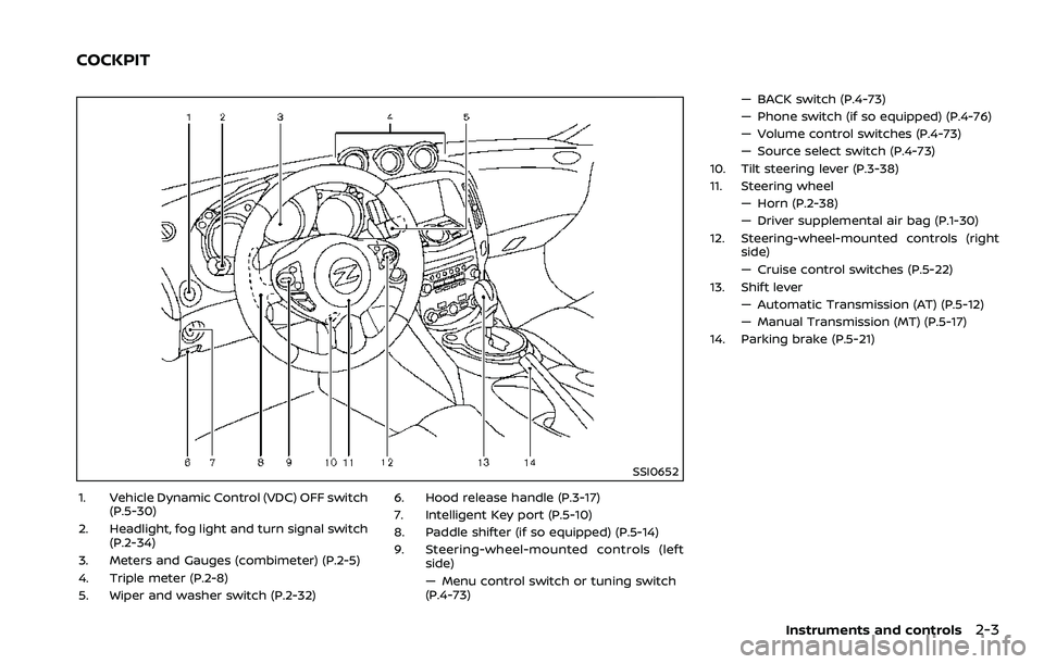 NISSAN 370Z 2018  Owner´s Manual SSI0652
1. Vehicle Dynamic Control (VDC) OFF switch(P.5-30)
2. Headlight, fog light and turn signal switch (P.2-34)
3. Meters and Gauges (combimeter) (P.2-5)
4. Triple meter (P.2-8)
5. Wiper and washe