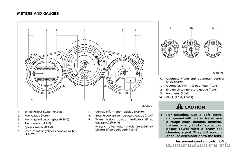 NISSAN 370Z 2018  Owner´s Manual SSI0509
1. ENTER/NEXT switch (P.2-23)
2. Fuel gauge (P.2-8)
3. Warning/Indicator lights (P.2-10)
4. Tachometer (P.2-7)
5. Speedometer (P.2-6)
6. Instrument brightness control switch(P.2-37) 7. Vehicle