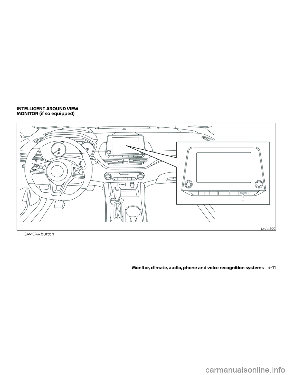 NISSAN ALTIMA 2020  Owner´s Manual 1. CAMERA button
LHA4800
INTELLIGENT AROUND VIEW
MONITOR (if so equipped)
Monitor, climate, audio, phone and voice recognition systems4-11 