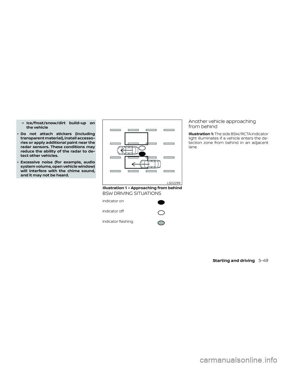 NISSAN ALTIMA 2020  Owner´s Manual – Ice/frost/snow/dirt build-up onthe vehicle
∙ Do not attach stickers (including transparent material), install accesso-
ries or apply additional paint near the
radar sensors. These conditions may