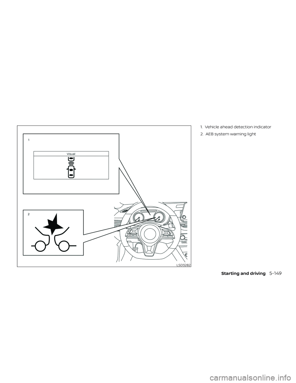NISSAN ALTIMA 2020  Owner´s Manual 1. Vehicle ahead detection indicator
2. AEB system warning light
LSD3282
Starting and driving5-149 