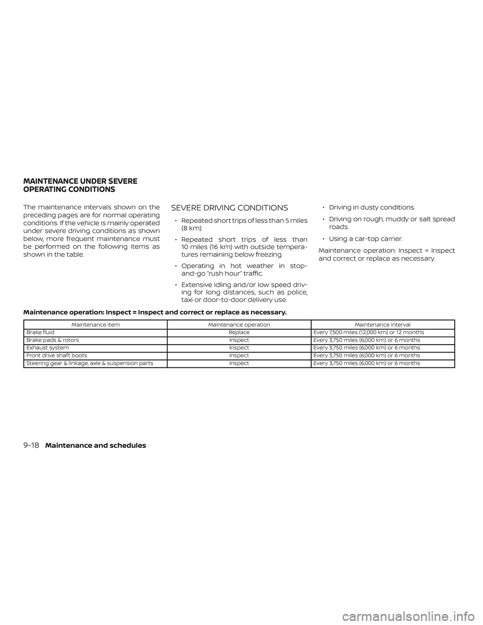 NISSAN ALTIMA 2020 Owner´s Manual The maintenance intervals shown on the
preceding pages are for normal operating
conditions. If the vehicle is mainly operated
under severe driving conditions as shown
below, more frequent maintenance NISSAN ALTIMA 2020 Owner´s Manual The maintenance intervals shown on the
preceding pages are for normal operating
conditions. If the vehicle is mainly operated
under severe driving conditions as shown
below, more frequent maintenance