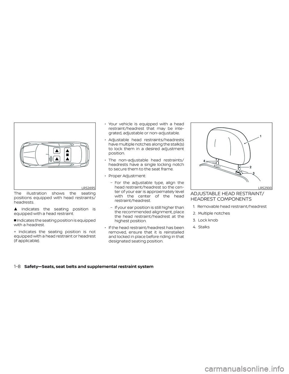 NISSAN ALTIMA 2019 Owner´s Manual The illustration shows the seating
positions equipped with head restraints/
headrests.
Indicates the seating position is
equipped with a head restraint.
Indicates the seating position is equipped
w NISSAN ALTIMA 2019 Owner´s Manual The illustration shows the seating
positions equipped with head restraints/
headrests.
Indicates the seating position is
equipped with a head restraint.
Indicates the seating position is equipped
w