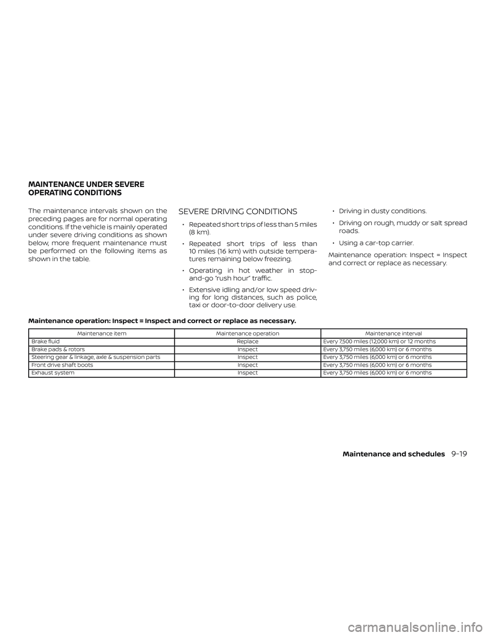NISSAN ALTIMA 2019  Owner´s Manual The maintenance intervals shown on the
preceding pages are for normal operating
conditions. If the vehicle is mainly operated
under severe driving conditions as shown
below, more frequent maintenance 
