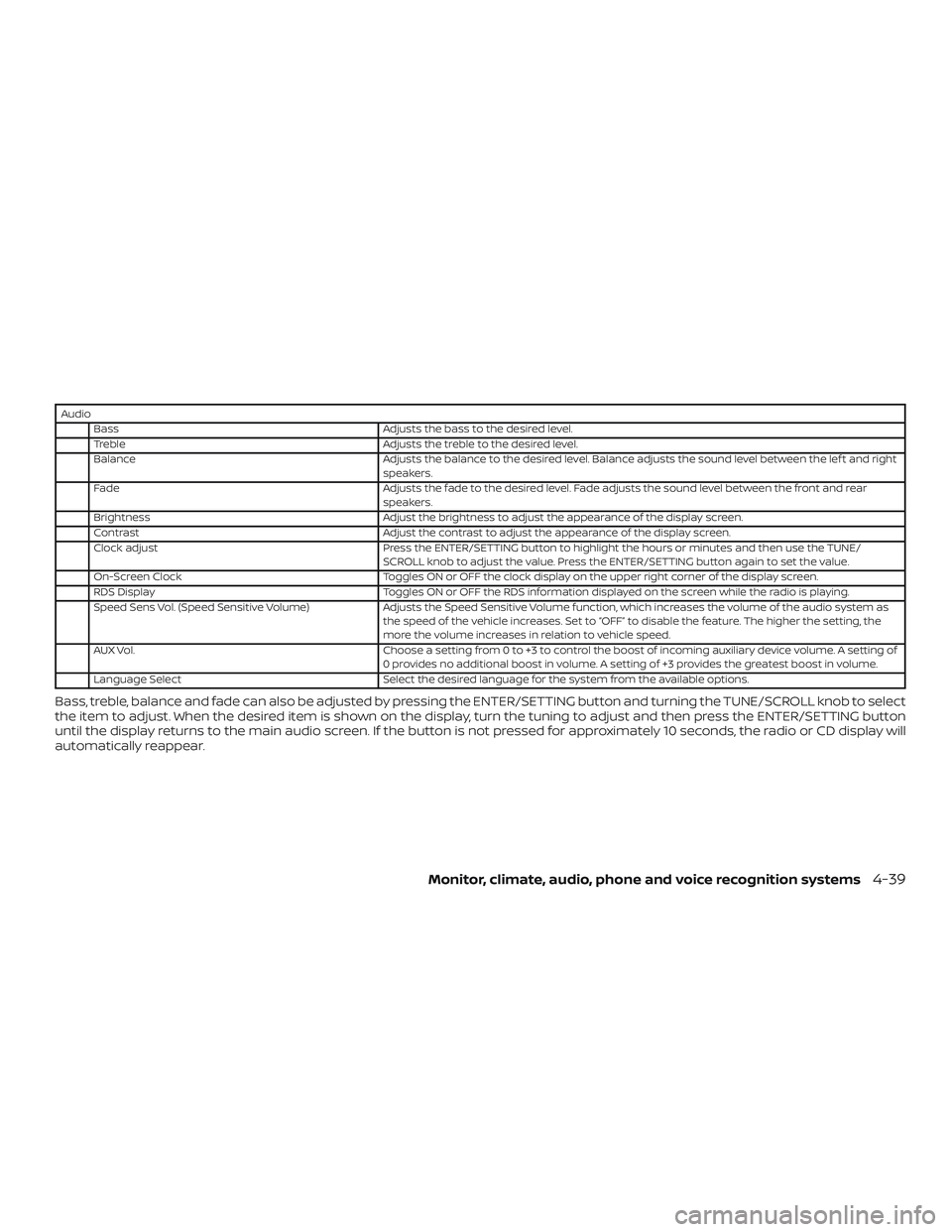 NISSAN ALTIMA 2018  Owner´s Manual AudioBass Adjusts the bass to the desired level.
Treble Adjusts the treble to the desired level.
Balance Adjusts the balance to the desired level. Balance adjusts the sound level between the lef t and