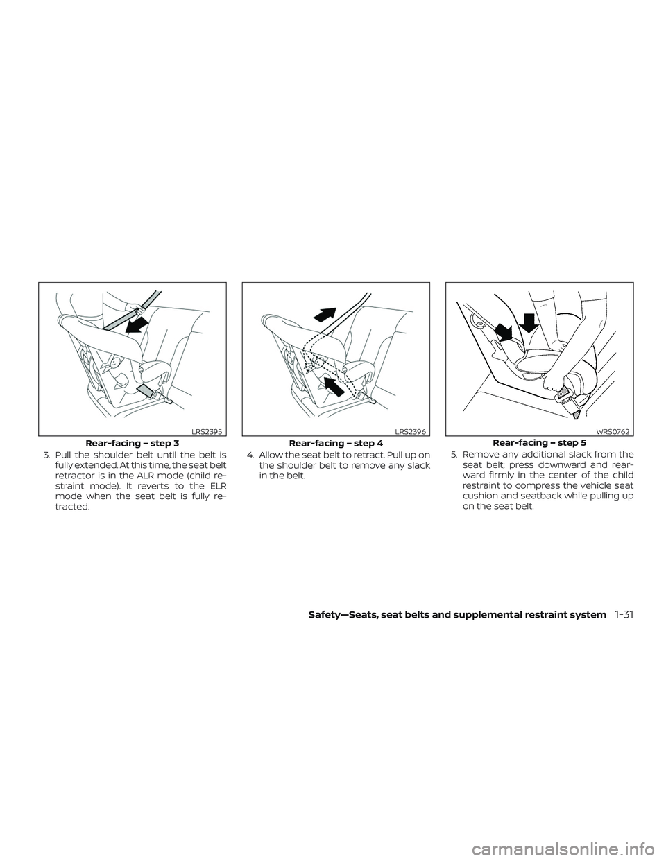 NISSAN ALTIMA 2018  Owner´s Manual 3. Pull the shoulder belt until the belt isfully extended. At this time, the seat belt
retractor is in the ALR mode (child re-
straint mode). It reverts to the ELR
mode when the seat belt is fully re-