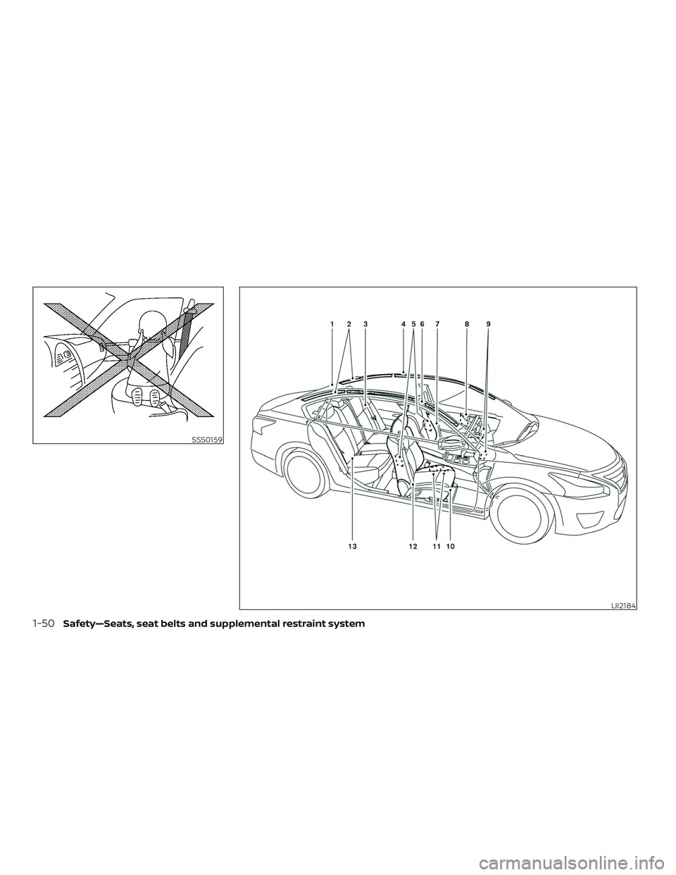 NISSAN ALTIMA 2018  Owner´s Manual SSS0159
LII2184
1-50Safety—Seats, seat belts and supplemental restraint system 