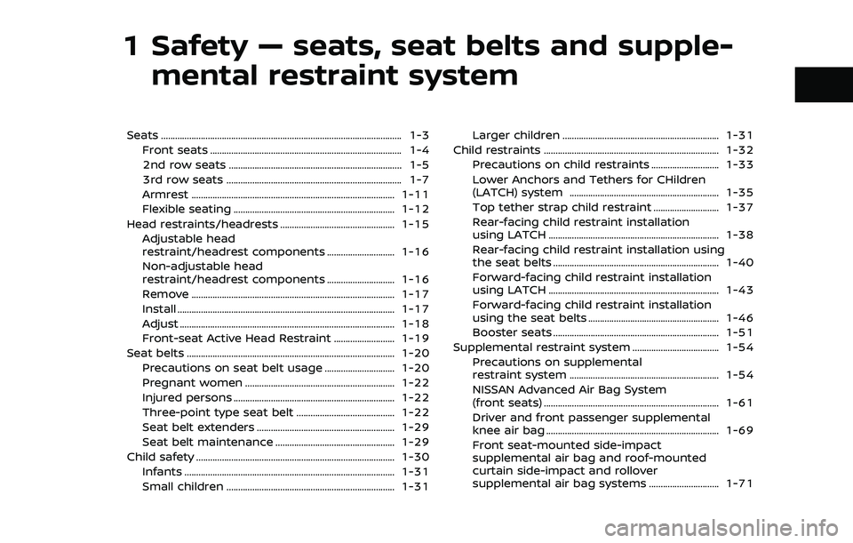 NISSAN ARMADA 2022 Owner´s Manual 1 Safety — seats, seat belts and supple-mental restraint system
Seats ........................................................................\
............................... 1-3
Front seats ...... NISSAN ARMADA 2022 Owner´s Manual 1 Safety — seats, seat belts and supple-mental restraint system
Seats ........................................................................\
............................... 1-3
Front seats ......