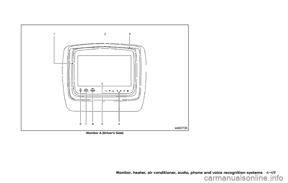 NISSAN ARMADA 2022  Owner´s Manual WAE0713X
Monitor A (Driver’s Side)
Monitor, heater, air conditioner, audio, phone and voice recognition systems4-49 