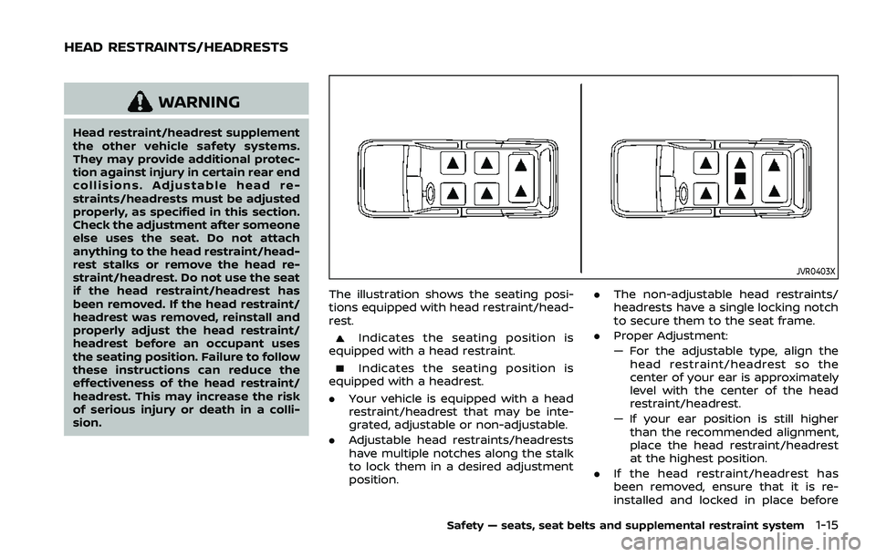 NISSAN ARMADA 2022 Owner´s Manual WARNING
Head restraint/headrest supplement
the other vehicle safety systems.
They may provide additional protec-
tion against injury in certain rear end
collisions. Adjustable head re-
straints/headre NISSAN ARMADA 2022 Owner´s Manual WARNING
Head restraint/headrest supplement
the other vehicle safety systems.
They may provide additional protec-
tion against injury in certain rear end
collisions. Adjustable head re-
straints/headre
