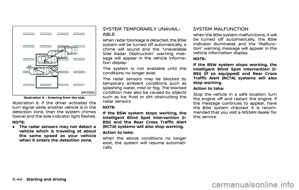 NISSAN ARMADA 2022 Owner´s Manual 5-44Starting and driving
WAF0555X
Illustration 6 – Entering from the side
Illustration 6: If the driver activates the
turn signal while another vehicle is in the
detection zone, then the system chim NISSAN ARMADA 2022 Owner´s Manual 5-44Starting and driving
WAF0555X
Illustration 6 – Entering from the side
Illustration 6: If the driver activates the
turn signal while another vehicle is in the
detection zone, then the system chim