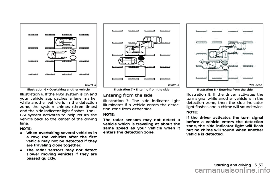 NISSAN ARMADA 2022 Owner´s Manual JVS0761X
Illustration 6 - Overtaking another vehicle
Illustration 6: If the I-BSI system is on and
your vehicle approaches a lane marker
while another vehicle is in the detection
zone, the system chim NISSAN ARMADA 2022 Owner´s Manual JVS0761X
Illustration 6 - Overtaking another vehicle
Illustration 6: If the I-BSI system is on and
your vehicle approaches a lane marker
while another vehicle is in the detection
zone, the system chim
