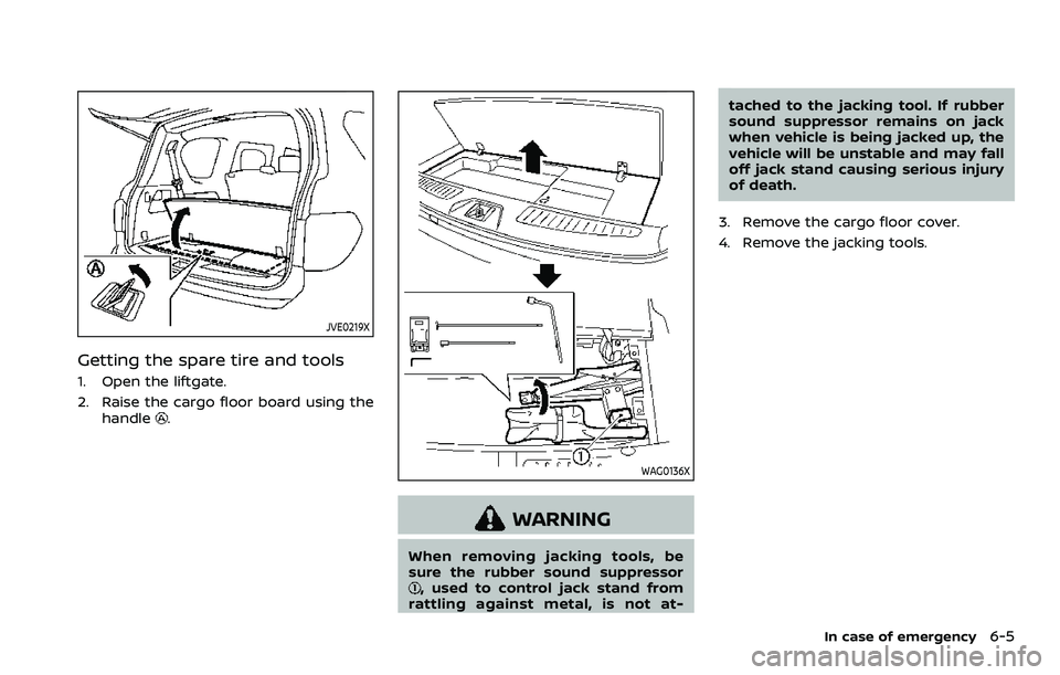NISSAN ARMADA 2022  Owner´s Manual JVE0219X
Getting the spare tire and tools
1. Open the liftgate.
2. Raise the cargo floor board using thehandle
.
WAG0136X
WARNING
When removing jacking tools, be
sure the rubber sound suppressor
, use
