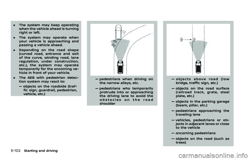 NISSAN ARMADA 2021  Owner´s Manual 5-102Starting and driving
.The system may keep operating
when the vehicle ahead is turning
right or left.
. The system may operate when
your vehicle is approaching and
passing a vehicle ahead.
. Depen