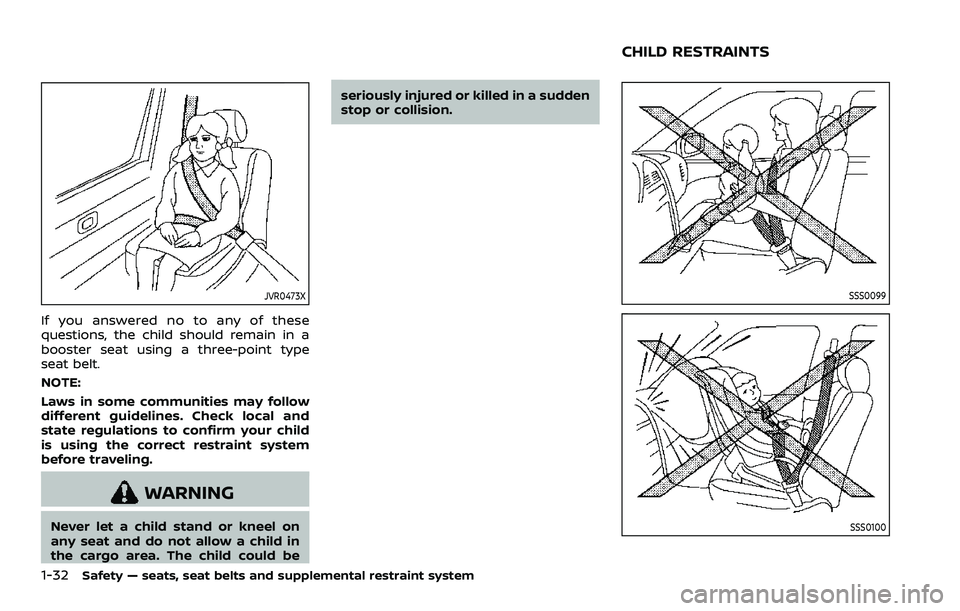 NISSAN ARMADA 2021  Owner´s Manual 1-32Safety — seats, seat belts and supplemental restraint system
JVR0473X
If you answered no to any of these
questions, the child should remain in a
booster seat using a three-point type
seat belt.
