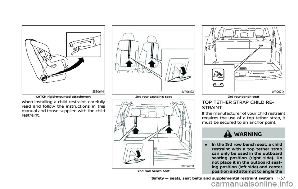 NISSAN ARMADA 2021  Owner´s Manual SSS0644
LATCH rigid-mounted attachment
When installing a child restraint, carefully
read and follow the instructions in this
manual and those supplied with the child
restraint.
JVR0619X
2nd row captai